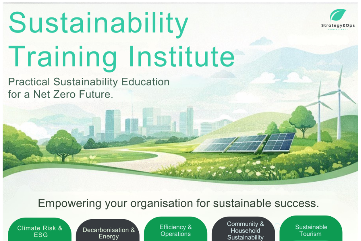 Promotional graphic for “Sustainability Training Institute,” featuring a green landscape with solar panels, wind turbines and a city skyline, highlighting practical sustainability education for a net zero future.